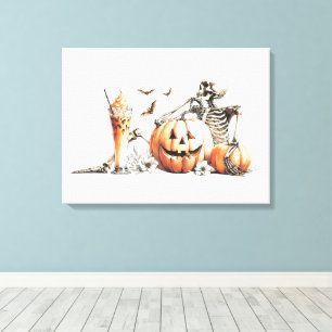 Lienzo Esqueleto con calabaza y bebida. Halloween.