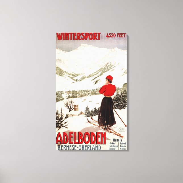 Lienzo Esquiadora mujer con vistas al Poster de Adelboden (Anverso)