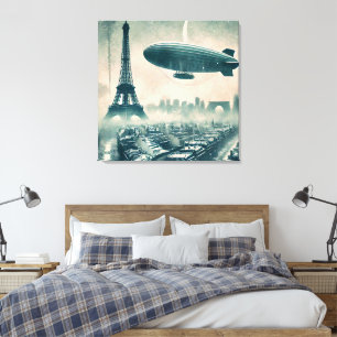 Lienzo Esquina acuática de París con Dirigible y Eiffel