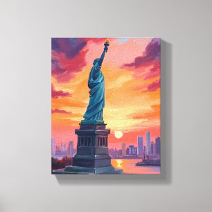 Lienzo Estatua de la Libertad Silueta de NYC Puesta de so