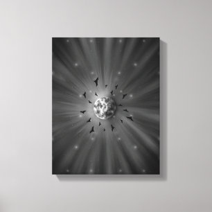 Lienzo Estética Celestial Luna y Pájaros Místicos Monocro