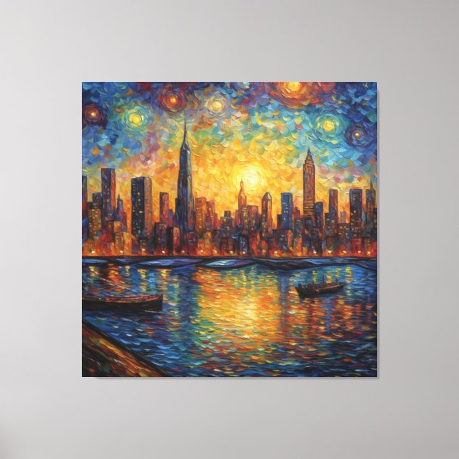 Lienzo Estilo Van Gogh del Skyline de la ciudad de Nueva  (Anverso)