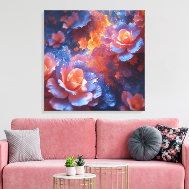 Lienzo Ethereal Floral Energy – Blue & Fiery Rose Art (Insitu (Sala de estar))