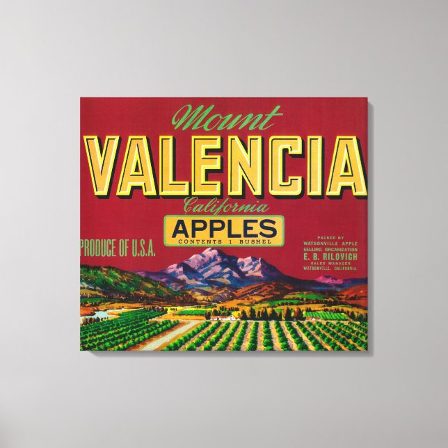 Lienzo Etiqueta de Apple del Monte Valencia - Watsonville (Anverso)