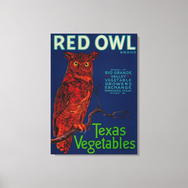 Lienzo Etiqueta de verduras de búho rojo (Anverso)