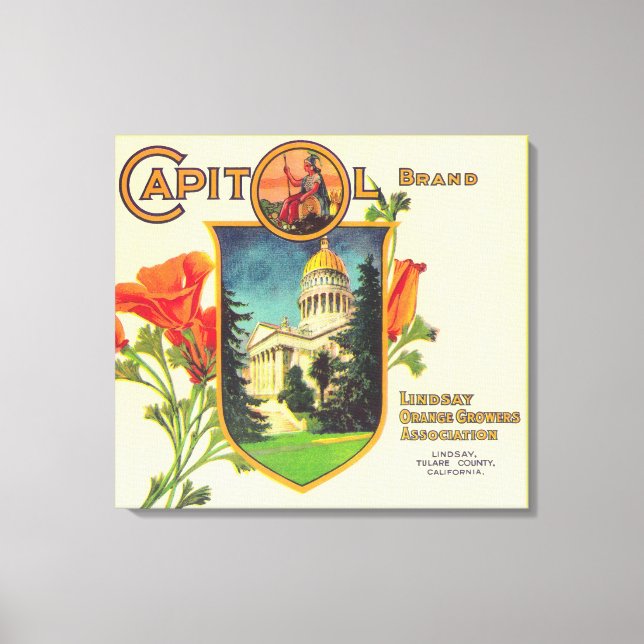 Lienzo Etiqueta del Naranja CapitolLindsay, CA (Anverso)