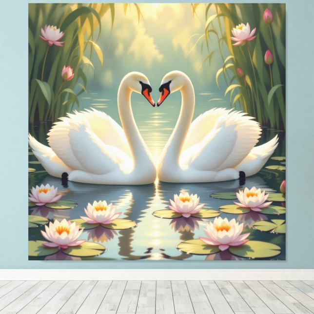 Lienzo Ewige Liebe –Zwei verliebte Schwäne im Abendlicht (Insitu (piso de madera))