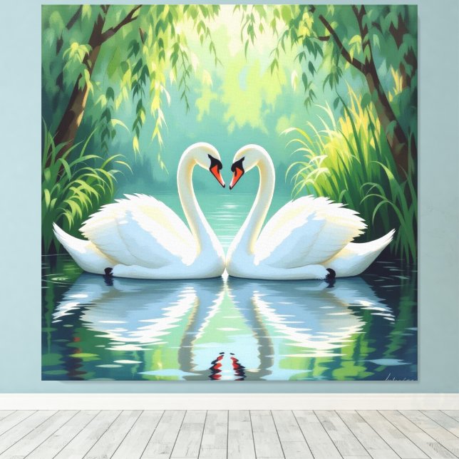 Lienzo Ewige Liebe –Zwei verliebte Schwäne im Abendlicht (Insitu (piso de madera))