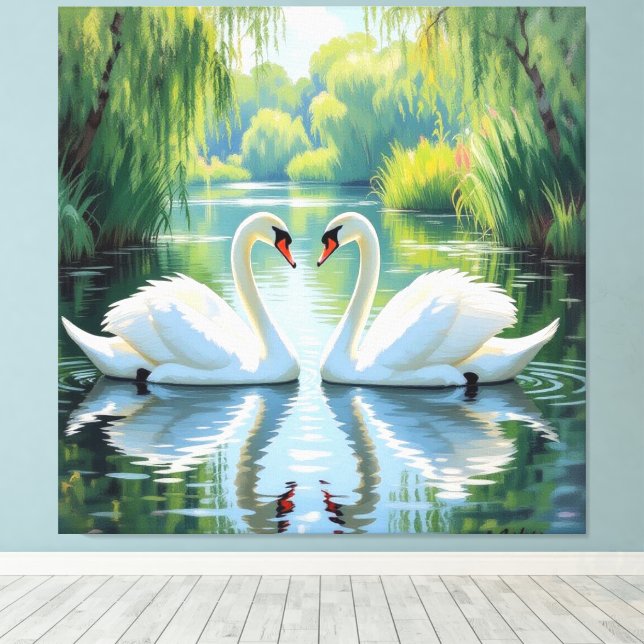 Lienzo Ewige Liebe –Zwei verliebte Schwäne im Abendlicht (Insitu (piso de madera))