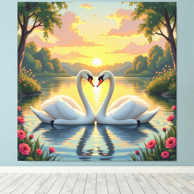 Lienzo Ewige Liebe –Zwei verliebte Schwäne im Abendlicht (Insitu (piso de madera))