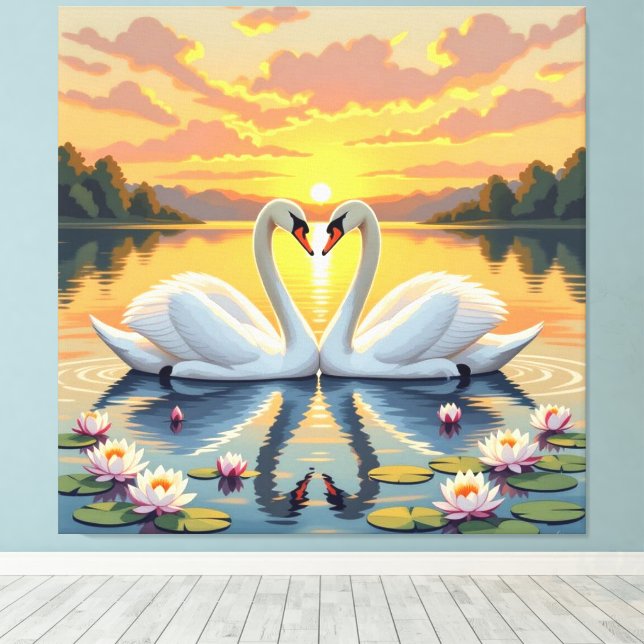 Lienzo Ewige Liebe –Zwei verliebte Schwäne im Abendlicht (Insitu (piso de madera))