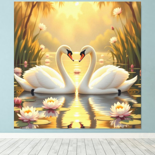 Lienzo Ewige Liebe –Zwei verliebte Schwäne im Abendlicht (Insitu (piso de madera))