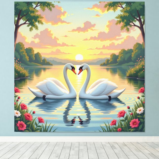 Lienzo Ewige Liebe –Zwei verliebte Schwäne im Abendlicht (Insitu (piso de madera))