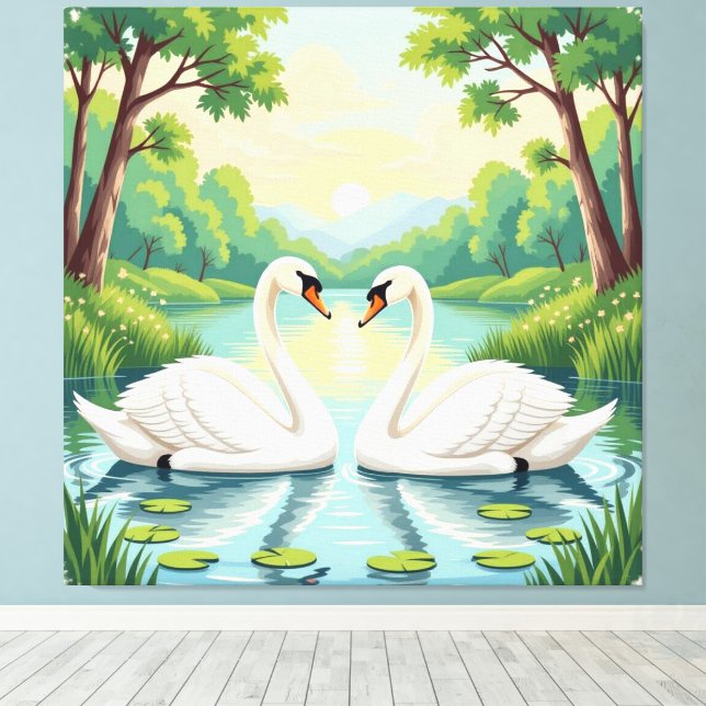 Lienzo Ewige Liebe –Zwei verliebte Schwäne im Abendlicht (Insitu (piso de madera))