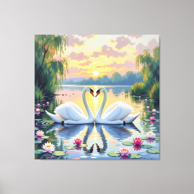 Lienzo Ewige Liebe –Zwei verliebte Schwäne im Abendlicht (Anverso)