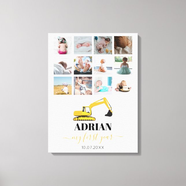 Lienzo Excavator Truck Baby Primer Año Collage de fotos (Anverso)