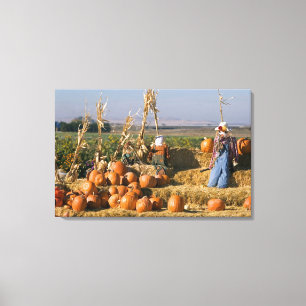 Lienzo Exhibición de calabaza con pacas de heno y espanta