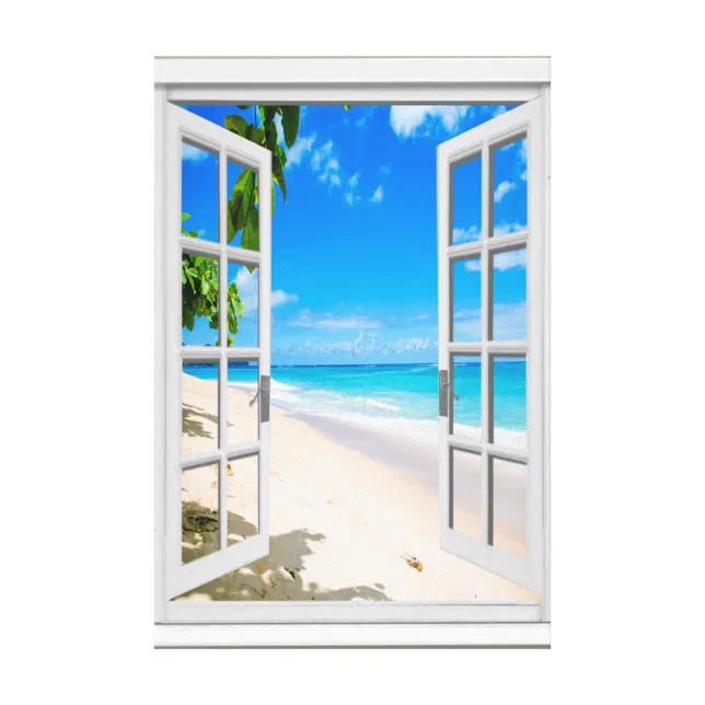 Lienzo Falsa ventana de la vista al mar tropical de la