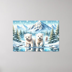 Lienzo Familia de osos polares paisaje montañoso nevado