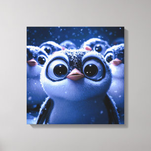Lienzo Familia de pingüinos lindos noche invernal nevada