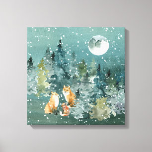 Lienzo Familia de zorros en bosque nevado bajo luna llena