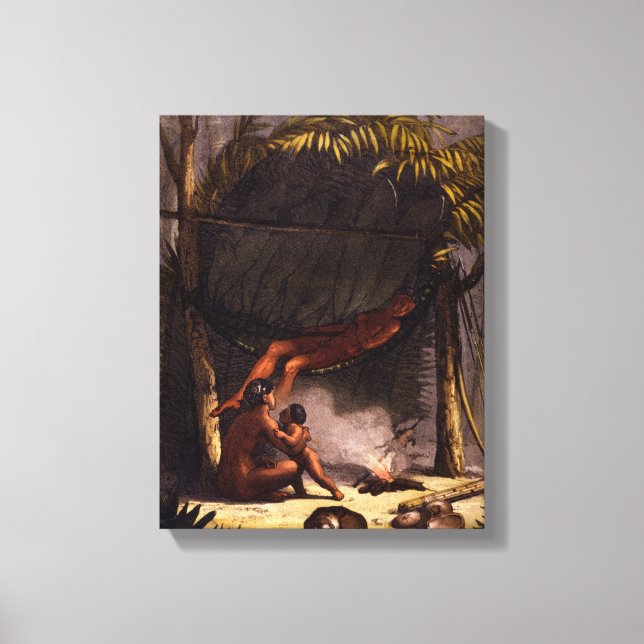 Lienzo Familia nativa americana bajo un refugio de hojas  (Anverso)