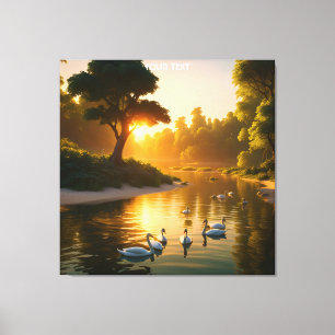 Lienzo Fantasía Cute Vivid Swans Sunset Forest. Perfecto