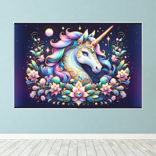 Lienzo Fantasia Floral de Unicornio de Tonos Preciosos