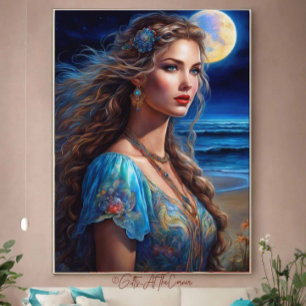 Lienzo Fantasía Hermosa Princesa de Madera Playa Fullmoon