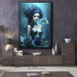 Lienzo Fantasía Hermosa princesa de sirena azul bajo el a