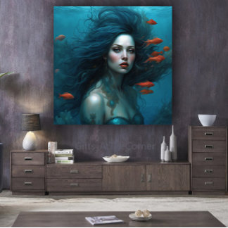 Lienzo Fantasía Hermosa Sirena Princesa Pescado Rojo
