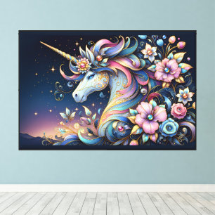 Lienzo Fantasía Nocturna de Unicornio Floral