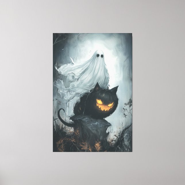 Lienzo Fantasma de Halloween montando un gato negro (Anverso)