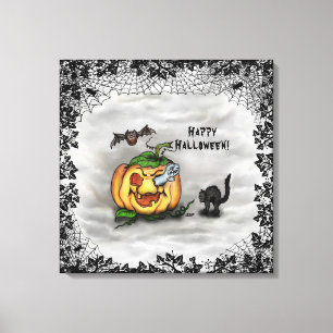 Lienzo Fantasma, Gato, Bat y Calabaza, ¡Feliz Halloween!