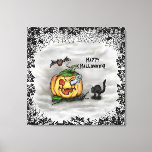 Lienzo Fantasma, Gato, Murciélago y Calabaza, ¡Feliz Hall