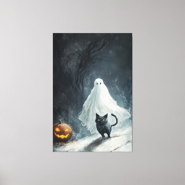 Lienzo Fantasma y gato negro de Halloween (Anverso)