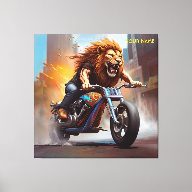 Lienzo Fantasy Cute Lion Riing Bike (Anverso)