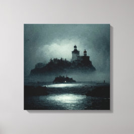 Lienzo Fantasy Island Lighthouse Misty Foggy Oscuro Noche