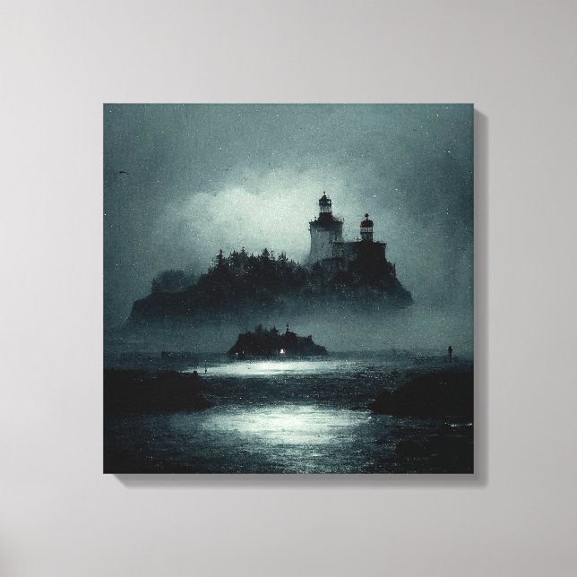 Lienzo Fantasy Island Lighthouse Misty Foggy Oscuro Noche (Anverso)
