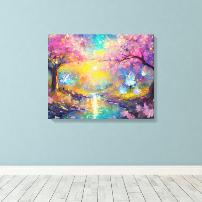 Lienzo Fantasy Sunrise Stream de cerezo en flor (Insitu (piso de madera))