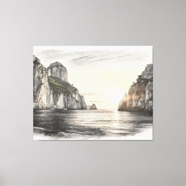 Lienzo Faraglioni cliffs over capri sea sunset drawing (Anverso)