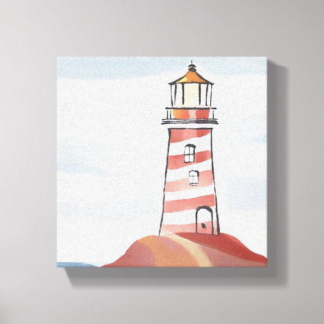 Lienzo Faro clásico | Acuarela costera oceánica (Anverso)