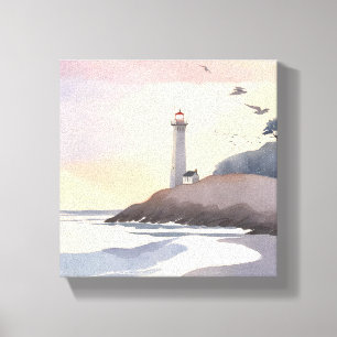 Lienzo Faro Costero Pintura Acuarela de Playa