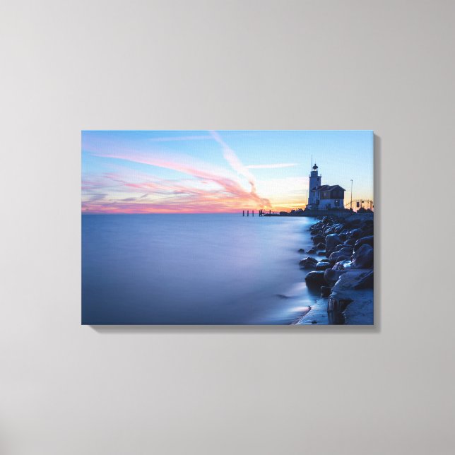 Lienzo Faro de Paard van Marken en un amanecer azul (Anverso)