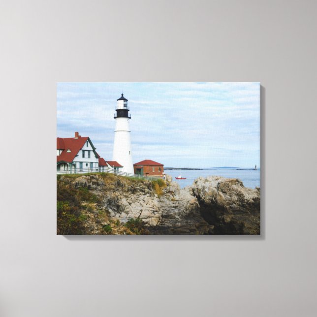 Lienzo Faro de Portland Headlight en la orilla rocosa (Anverso)