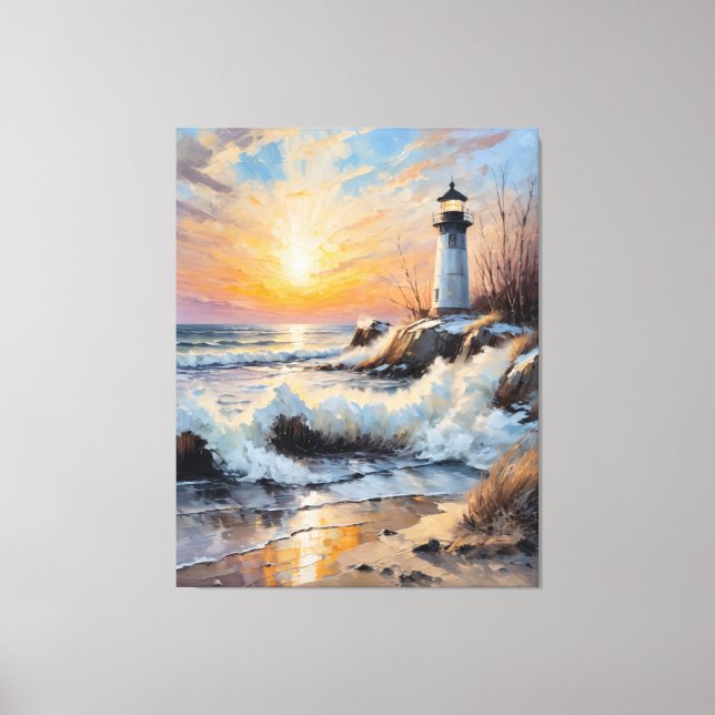 Lienzo Faro del Atardecer – Paisaje Marítimo Impresionist (Anverso)