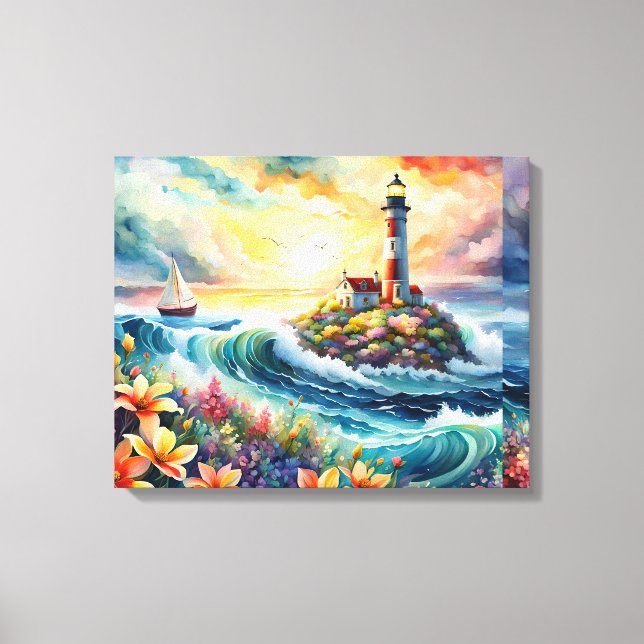 Lienzo Faro Marítimo Barco Floral Belleza Acuarela (Anverso)
