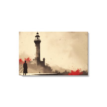 Lienzo faro minimalista con acentos rojos