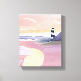 Lienzo Faro pastel | Acuarela de la costa de la playa