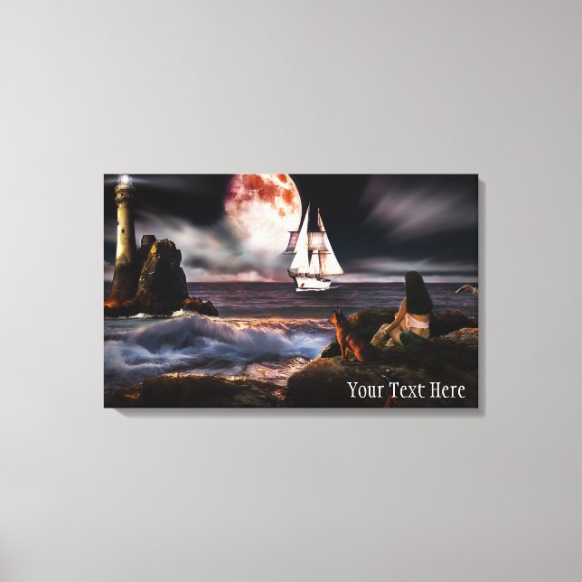 Lienzo Faro por la noche con imprenta gigante de tela lun (Anverso)